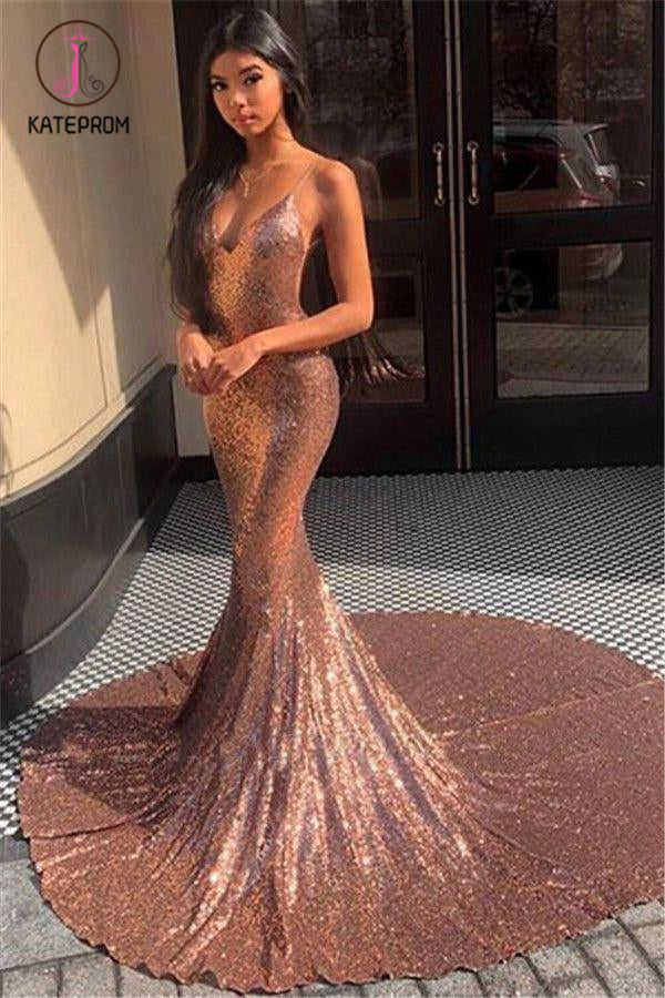 Spaghetti Straps V Neck Mermaid Court Train Sequins Prom Dress, Sexy Evening Dress KPP1226