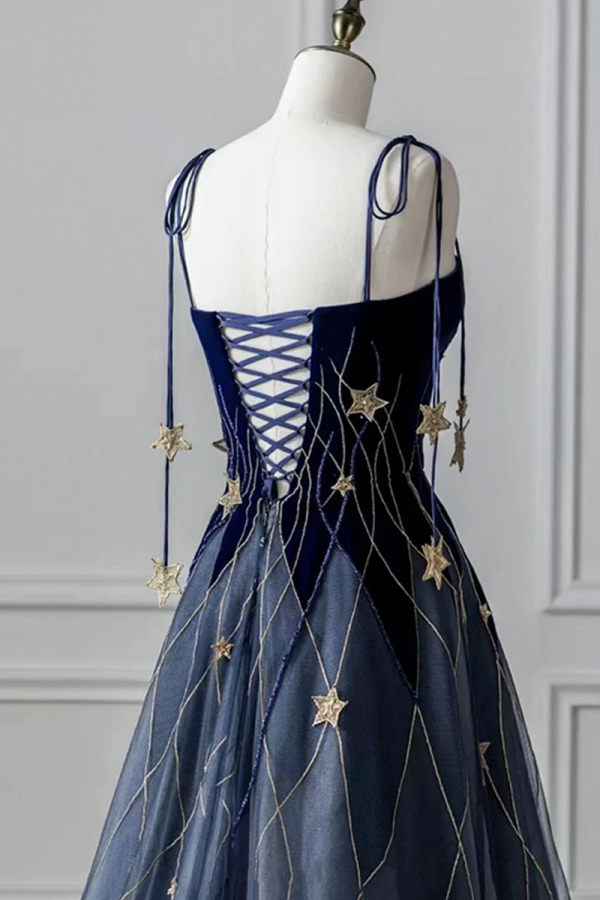 Blue Spaghetti Strap Long Prom Dress with Star, Blue Evening Party Dress KPP1745
