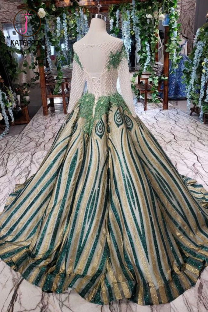 Unique Puffy Long Sleeves Long Graduation Dresses, Sheer Neck Quinceanera Dress KPP0907