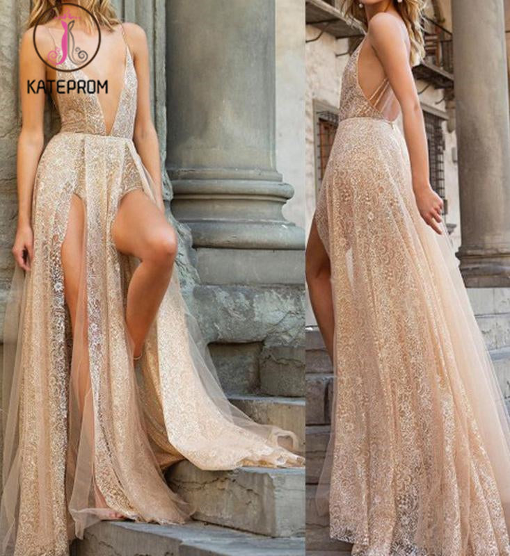 Sexy Deep V Neck Tulle Lace Prom Dress Spaghetti Straps Side Slit Backless Evening Dresses KPP1039