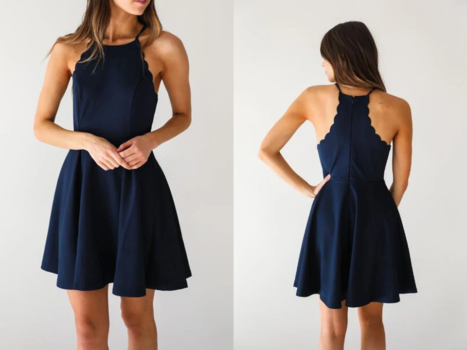 A Line Dark Navy Cute Halter High Neck Satin Short Homecoming Dress KPH0595