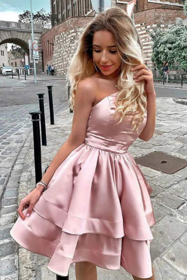 Blush Pink A line One Shoulder Homecoming Dresses, Short Prom Dresses KPH0645