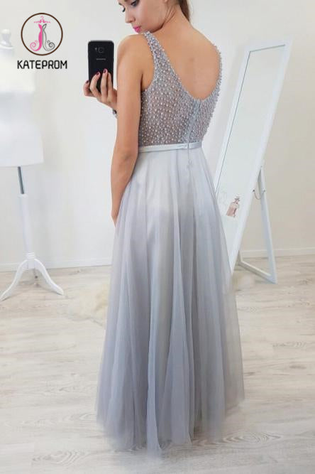 Floor Length Sleeveless Beading Tulle Prom Dresses, Sexy Long Senior Prom Gown KPP0868