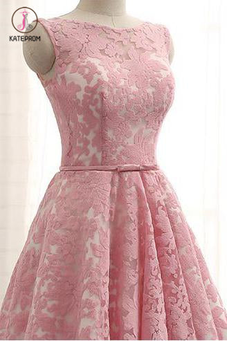 A Line Short Lace Homecoming Dress with Belt, Pink Short Ruched Prom Dress KPH0362
