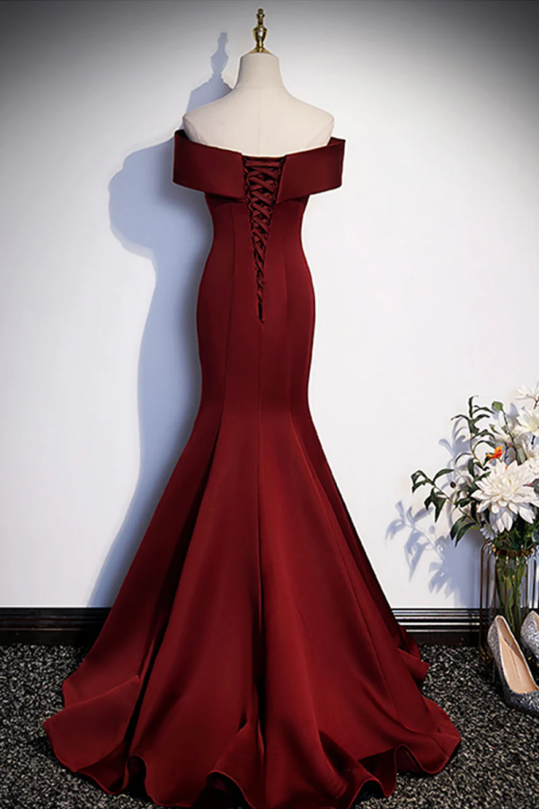 Burgundy Mermaid Long Prom Dress, Off the Shoulder V Neck Formal Evening Dress KPP1756
