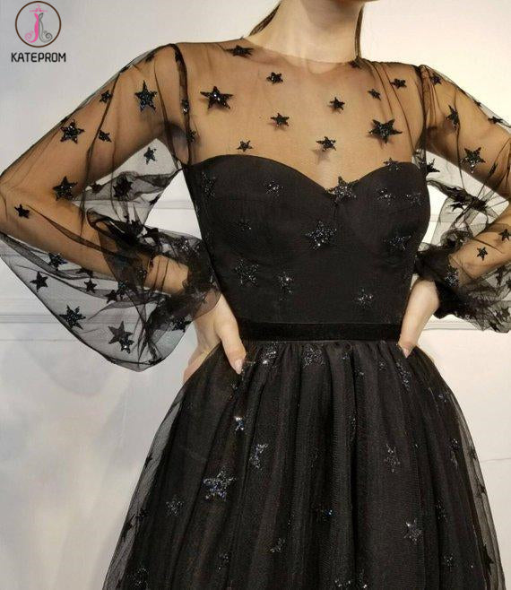 Sparkly Long Sleeve Short Party Dress, Unique Sheer Neck Mini Homecoming Dress KPH0455