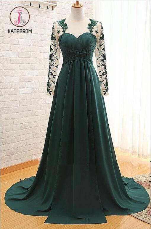Dark Green Long Sleeves Long Evening Dress with Appliques, Long Prom Dress with Sleeves KPP0954
