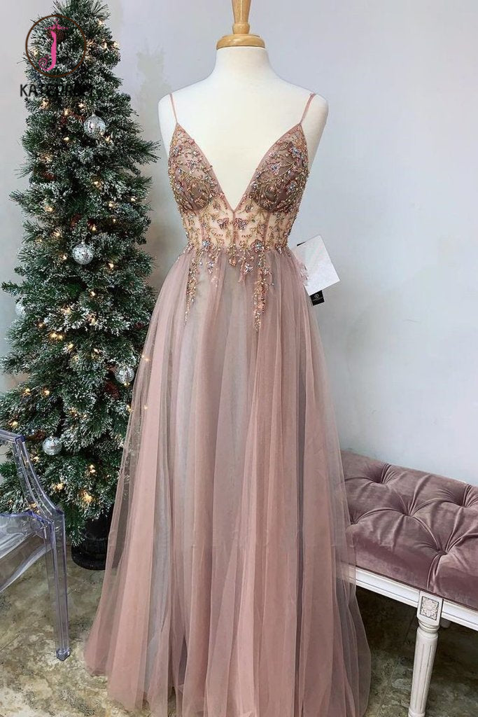 Spaghetti Straps Floor Length Beading Prom Dress with Rhinestone, Floor Length Evening Dress KPP1219