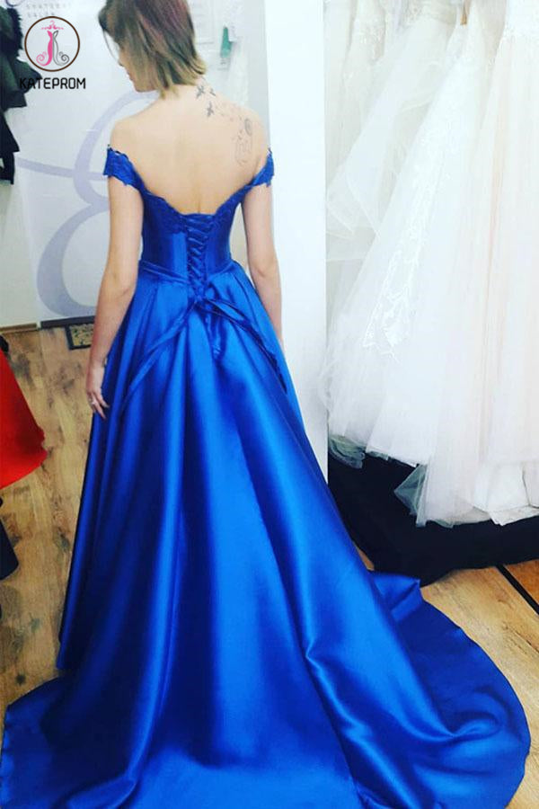 Royal Blue Off the Shoulder Prom Dress with Lace Appliques, A Line Satin Long Evening Dress KPP0836