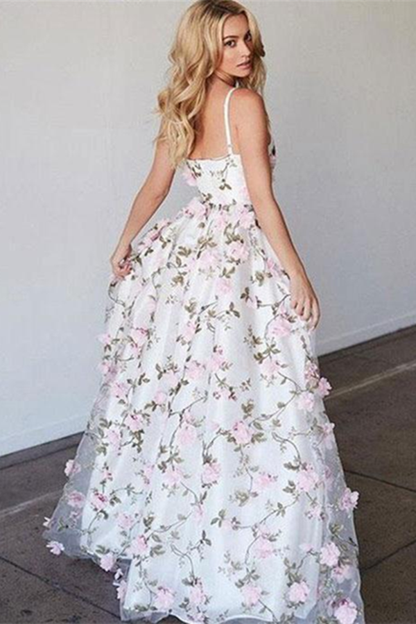 A line Spaghetti Strap Floor Length Tulle 3D Appliqued Prom Dresses KPP1416