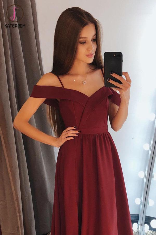 Charming A Line Off The Shoulder Burgundy Satin Long Prom Dresses KPP1129