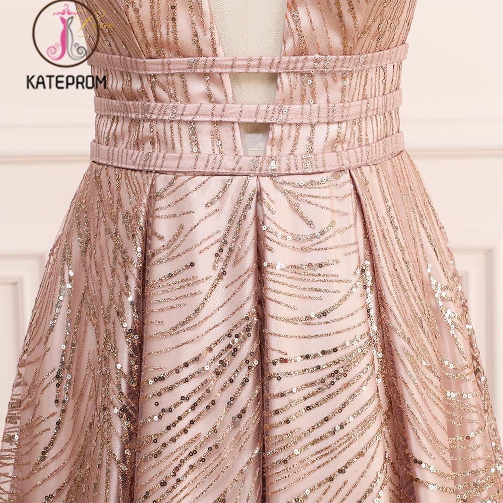 A Line Deep V Neck Long Prom Dress with Sequins, Glitter Sleeveless Evening Dress KPP1051