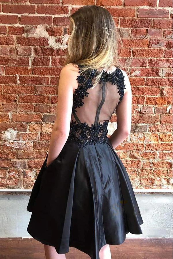 A Line Black Short Satin Homecoming Dress Online, Short Prom Dress KPH0575