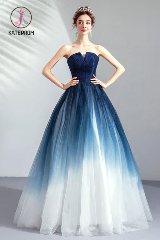 Ombre Strapless A Line Long Prom Dress, Blue Ombre Graduation Dress with Lace Up Back KPP0893
