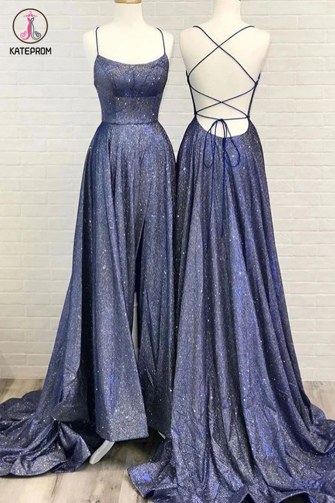 Hot Selling Simple Shiny Spaghetti Straps Prom Dresses, A Line Long Train Evening Dress KPP1269