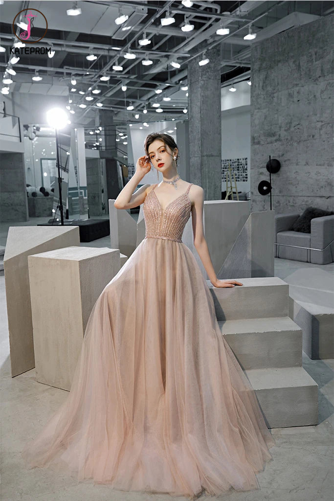 A Line Straps Sleeveless Prom Dress with Beading and Sequins, Long Evening Dress KPP1292