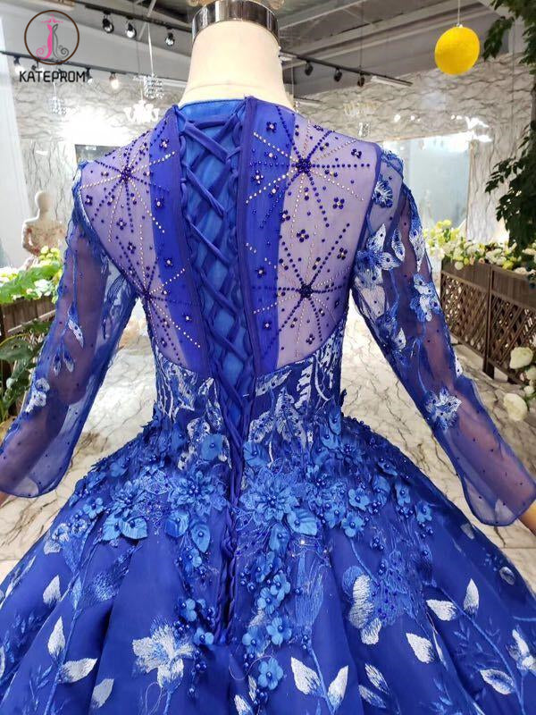 Blue Ball Gown Floral Prom Dress with Long Sleeves, Appliqued Long Quinceanera Dress KPP0851