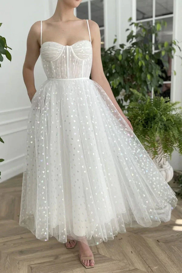 Sweetheart Neck Tulle Ivory Prom Dresses, Tea Length Evening Dresses KPP1628