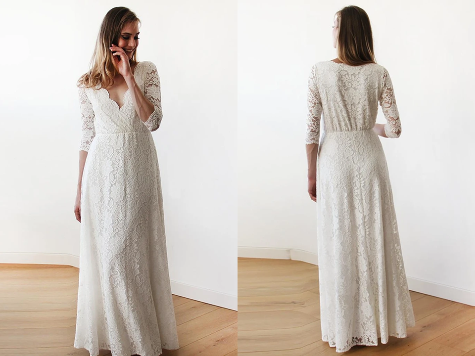 Classy Simple Half Sleeves V Neck Floor Length Beach Wedding Dresses KPW0678