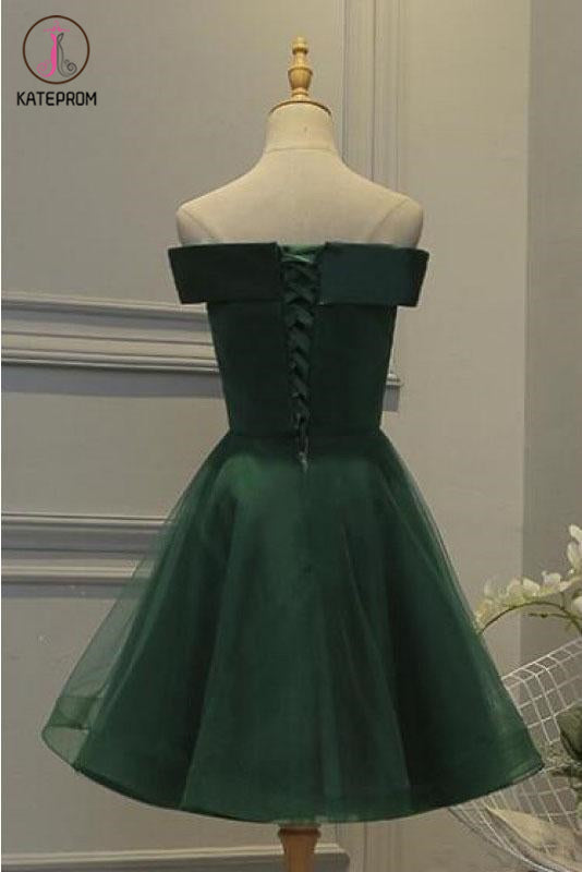 Dark Green Off the Shoulder Tulle Homecoming Dress, A Line Appliqued Short Prom Dress KPH0437