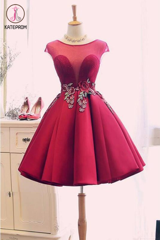 Burgundy Satin Ruched Homecoming Dress, A Line Short Prom Dress with Appliques KPH0422