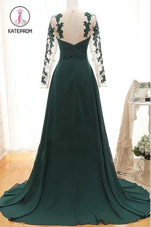 Dark Green Long Sleeves Long Evening Dress with Appliques, Long Prom Dress with Sleeves KPP0954