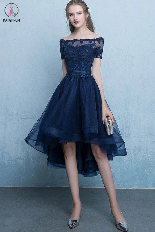 Dark Blue Off the Shoulder Tulle Homecoming Dress with Lace Appliques, High Low Dress KPH0506