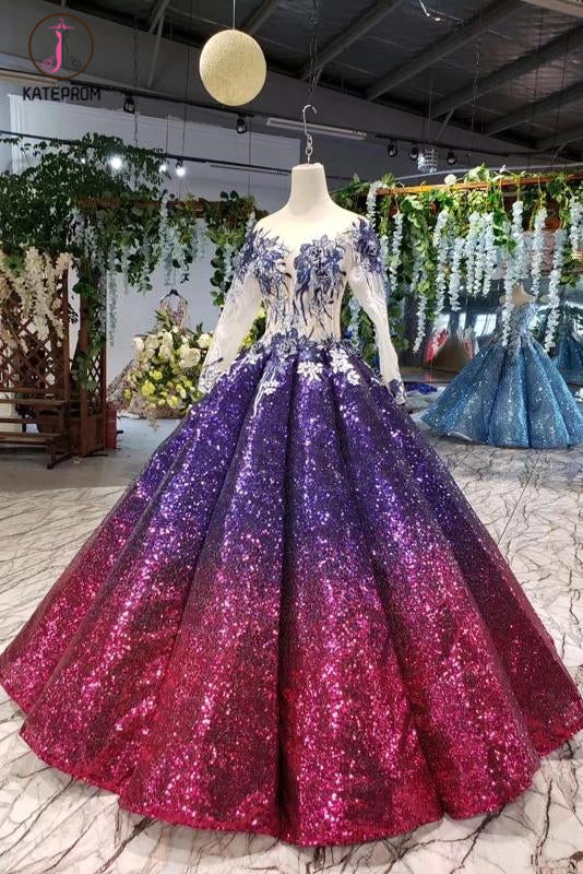 Ball Gown Long Sleeves Sequins Ombre Prom Dress, Puffy Quinceanera Dress KPP1063