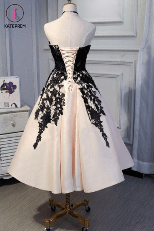 Ankle Length Strapless Prom Dress with Black Lace, A Line Princess Homecoming Dress KPH0432