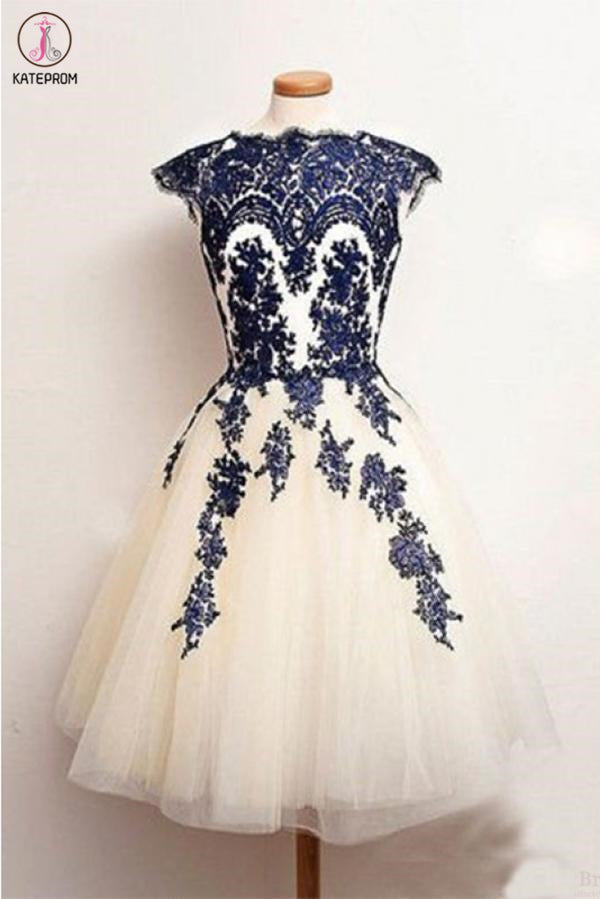 Knee Length Lace Applique Short Tulle Prom Dresses, A Line Ivory Homecoming Party Dresses KPH0453