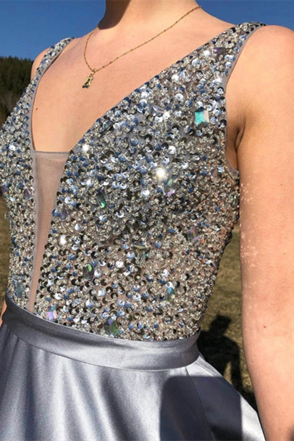 A Line Satin V Neck Beading Long Prom Dress V Back Evening Dresses KPP1496