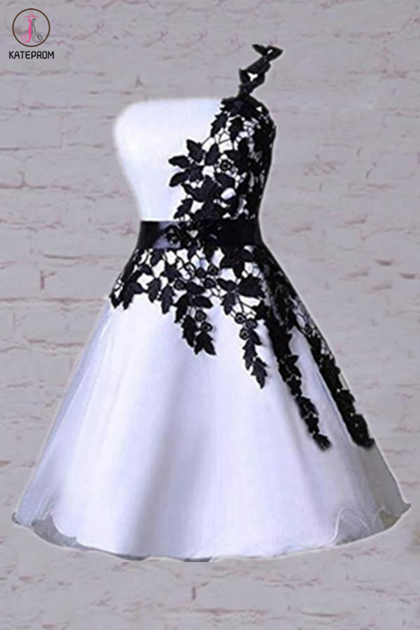 One Shoulder White Homecoming Dress with Black Lace, Knee Length Party Dress KPH0463