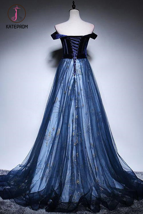 Dark Blue Velvet Tulle Long Prom Dress, Elegant Off the Shoulder Evening Dress with Sleeve KPP1232