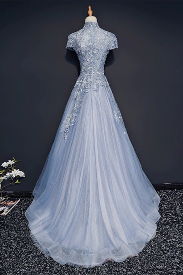 Chic High Neck Prom Dress Blue Short Sleeve Long Prom Dress Evening Dress KPP1535