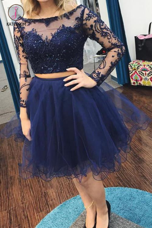 Fuchsia Two Piece Long Sleeves Tulle Homecoming Dress with Beading, Short Prom Dress KPH0317