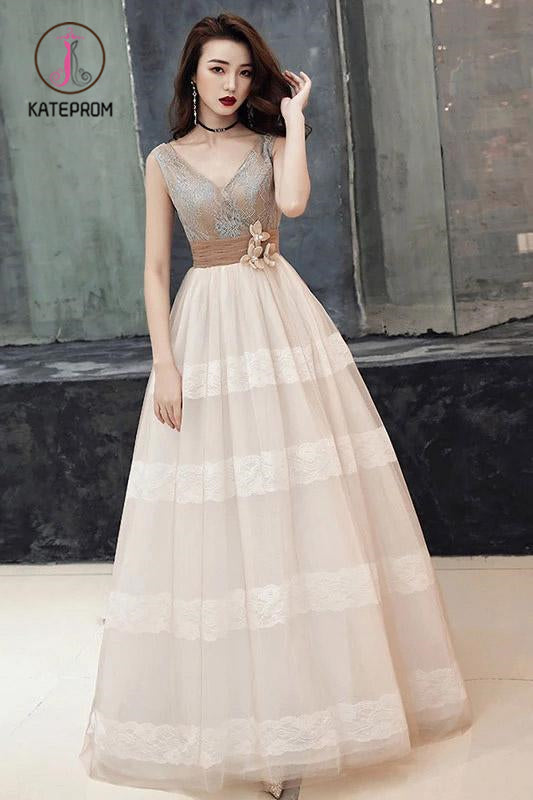 Unique V Neck Tulle Lace Long Prom Dress Tulle V Back Evening Dress with Train KPP1000