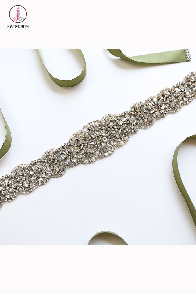 Elegant Long Crystal Sashes with Ribbon, Wedding Bridal Sash KPS0004