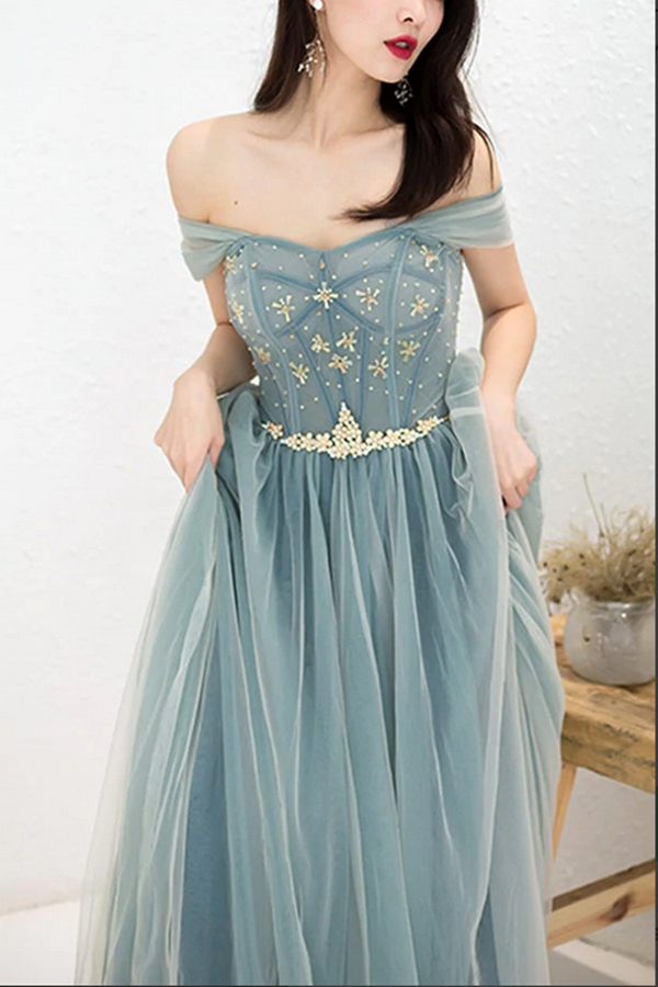 Dusty Blue Tulle Beaded Off the Shoulder Long Prom Dresses, Formal Dress KPP1548