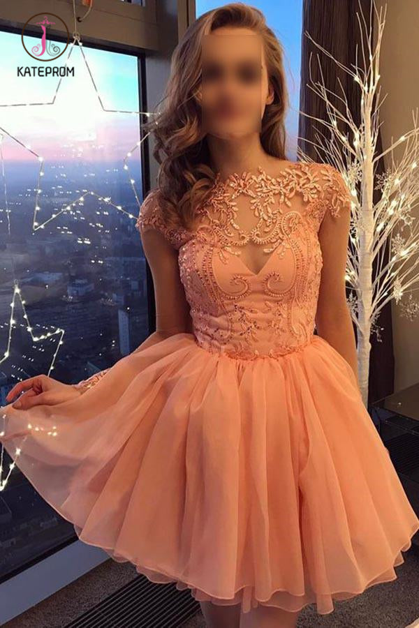 Peach Cap Sleeves Short Chiffon Homecoming Dress with Appliques, A Line Short Prom Dress KPH0353