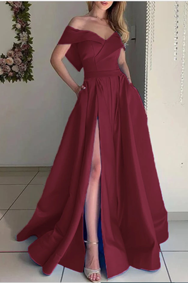 Stunning Sky Baby Blue off the Shoulder Pocket A Line Satin Prom Long Graduation Party Dress KPP1393