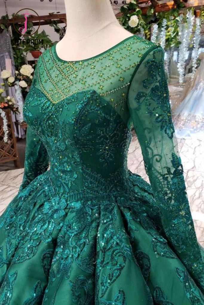 Dark Green Long Sleeves Ball Gown Prom Dress with Beads, Quinceanera Dress KPP0906
