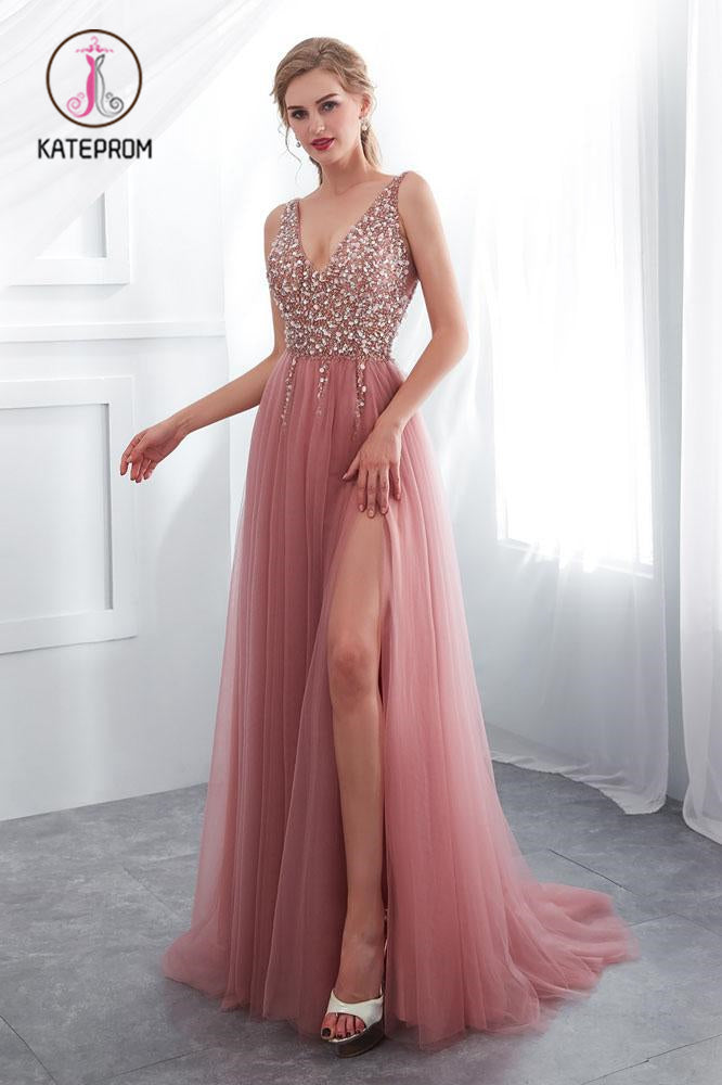 Beading V neck Pink High Split Tulle Sweep Train Sleeveless Evening Gown with Sequins KPP1054
