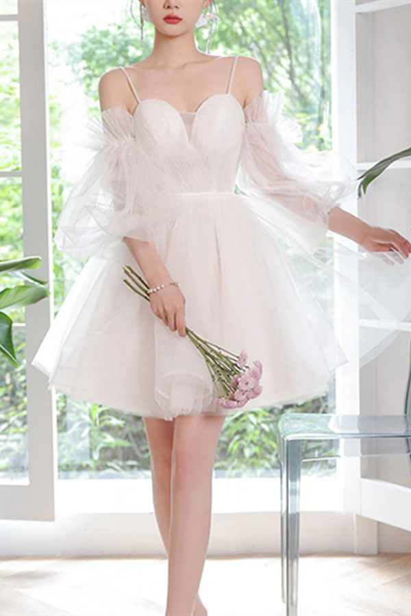 A line Spaghetti Straps Tulle Homecoming Dress Off the shoulder Short Prom Dress KPH0606