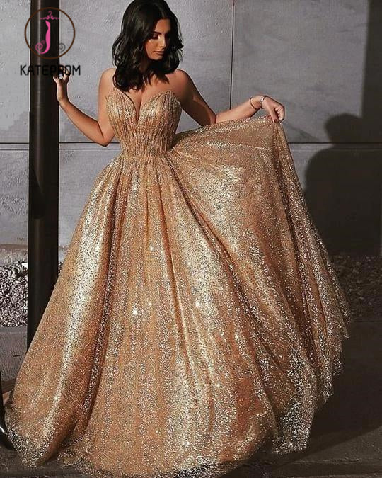 Glitter A Line Elegant Long Prom Dress, Spaghetti Straps Evening Party Dresses KPP1042