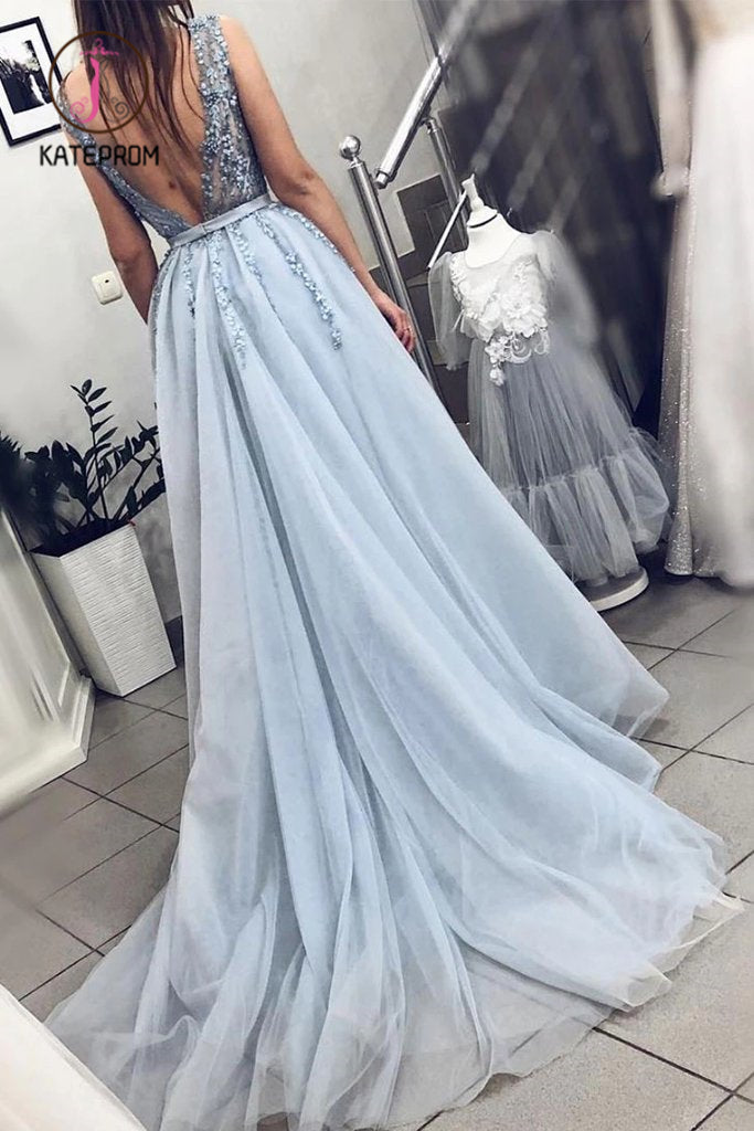 Blue V Neck Tulle Beading Long Prom Dress, Gorgeous Backless Long Evening Dresses KPP0981