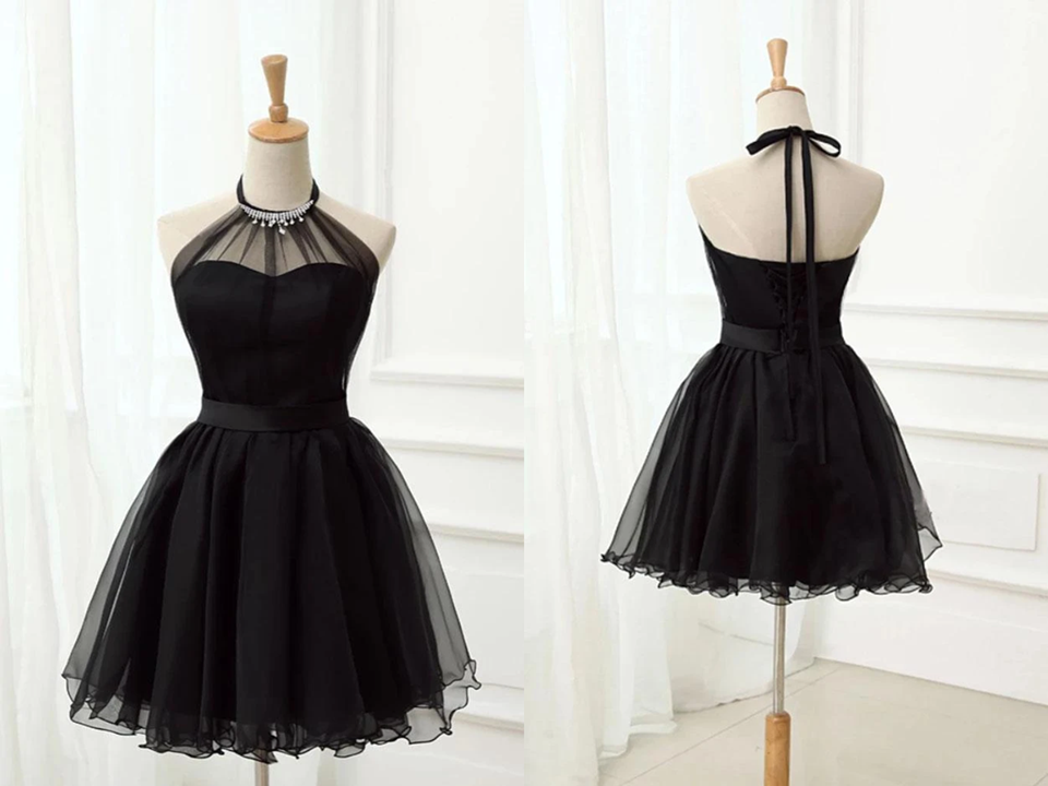 Cute Halter Black Tulle Sleeveless Beads Short Prom Dresses Homecoming Dresses KPH0583
