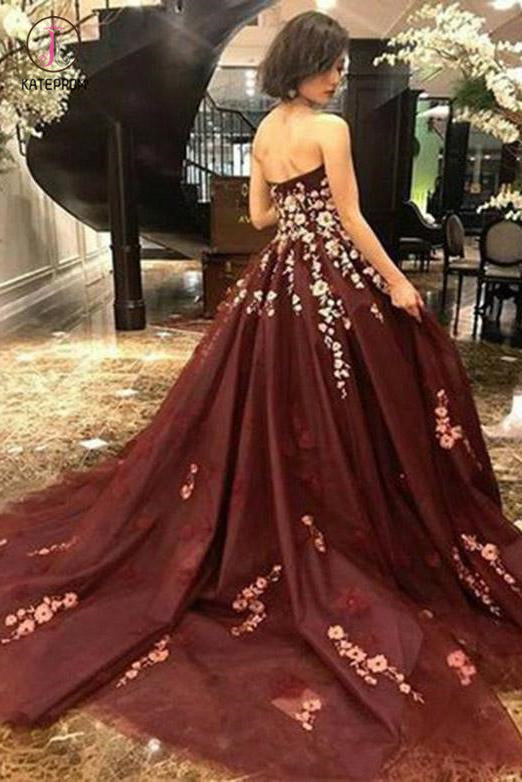 Strapless Rust Red Evening Gown Sleeveless Long Prom Dress with Appliques KPP0712