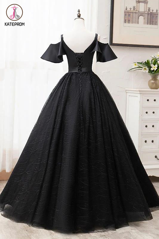 Black Ball Gown Short Sleeves Long Prom Dresses, Floor Length Straps Formal Dresses KPP1279