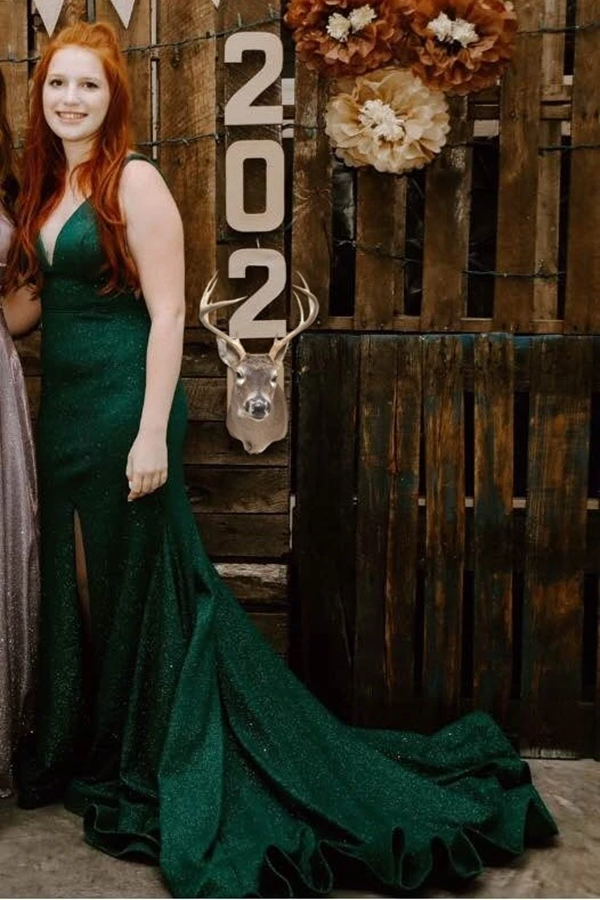 Mermaid Front Split Green Sequin Shiny Long Prom Dresses KPP1423