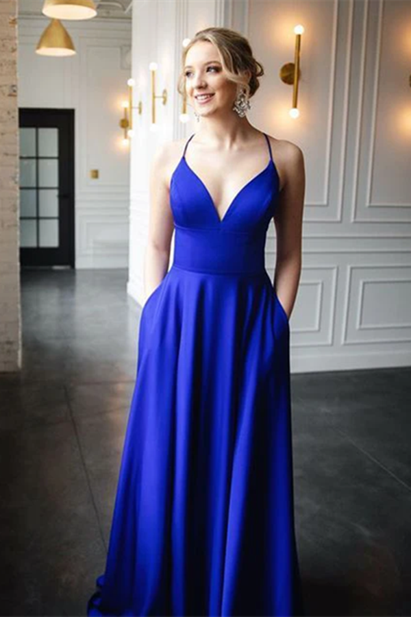 Chic A Line Spaghetti Straps V Neck Prom Dresses Evening Dresses KPP1467